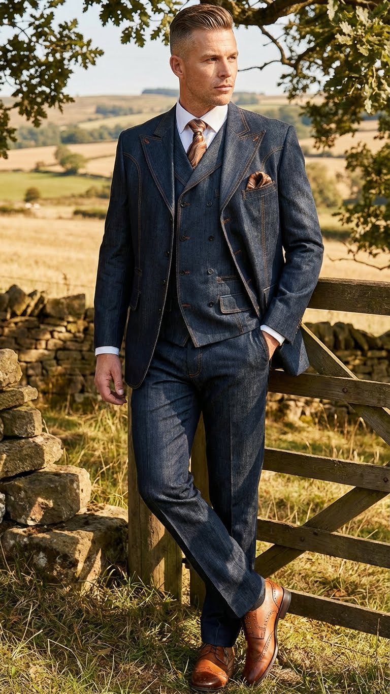 Men’s Dark Denim Blue Fabric Suit – Classic Three Piece Denim Suit for Wedding, Party and Formal Events - 34 Short or Extra Small