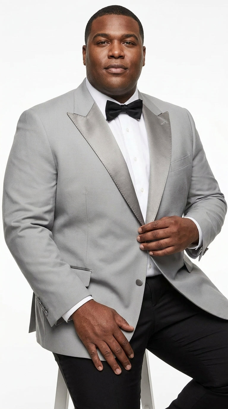 Men’s Silver Dinner Jacket – Satin Peak Lapel Tuxedo Blazer for Weddings, Prom & Formal Events in color silver grey