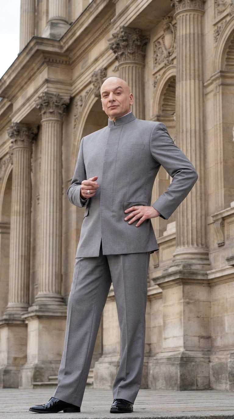 Men's Light Gray Austin Powers Dr. Evil Inspired Suit – Mandarin Collar 2 Piece Costume Suit for Halloween, Cosplay & Themed Parties