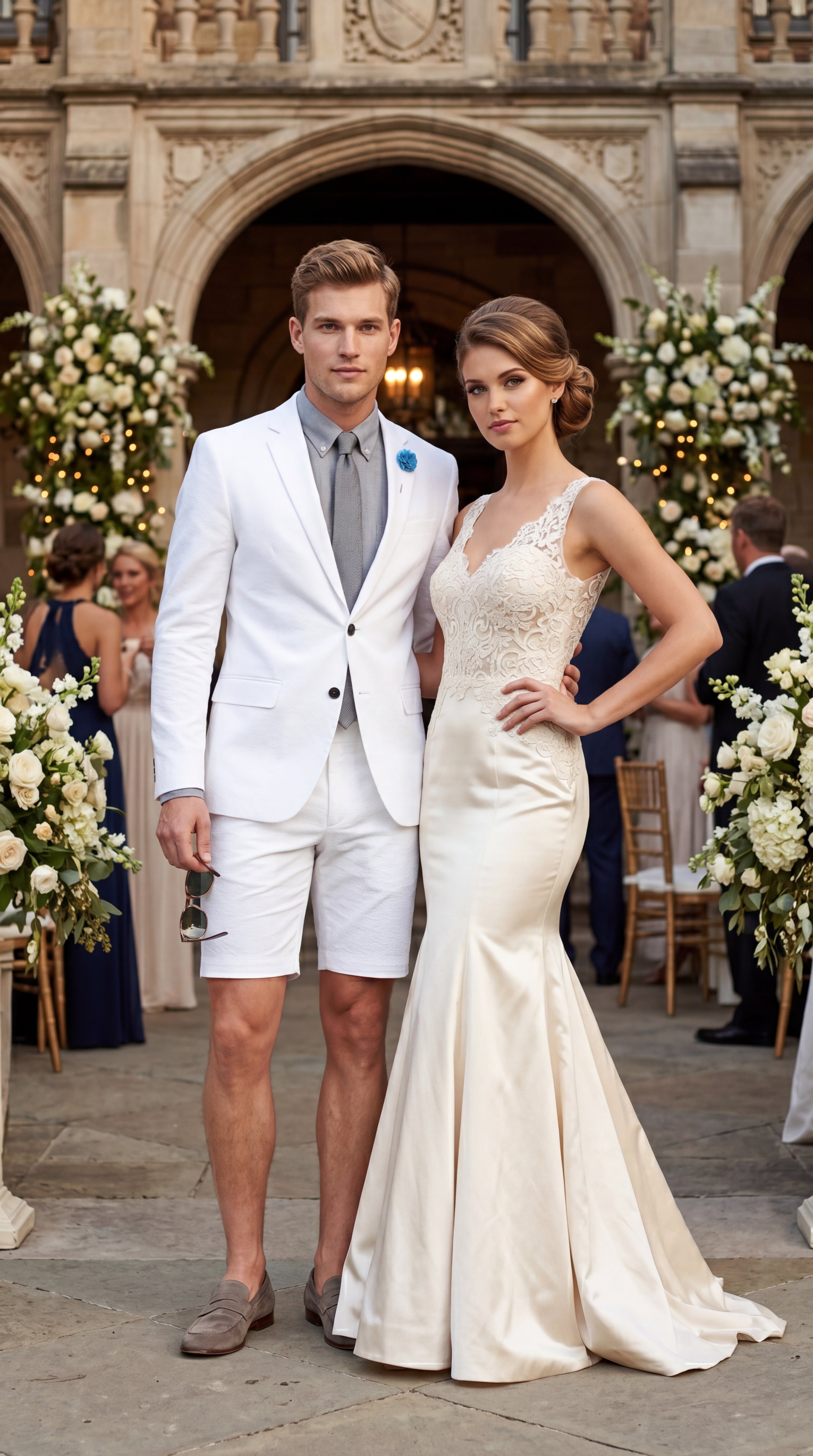Men’s Cotton Fabric White 2 Piece Summer Suit with Shorts, Casual Beach Wedding and Resort Formal Outfit