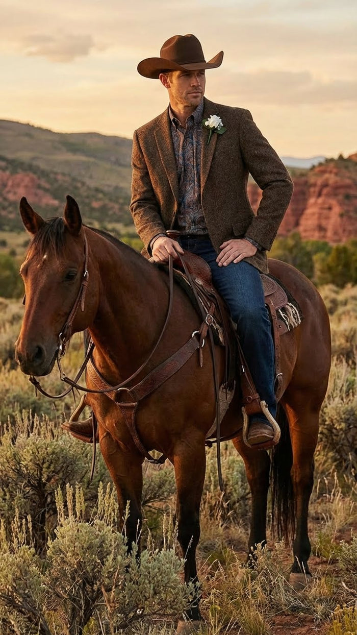 Mens Brown Western Tweed Herringbone Blazer Jacket  Classic Cowboy Style Sport Coat for Wedding Party