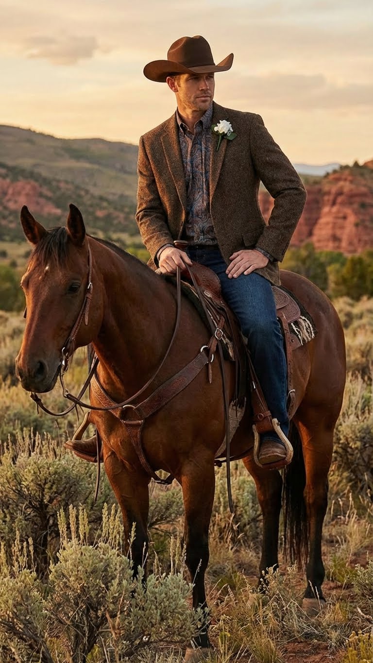 Mens Brown Western Tweed Herringbone Blazer Jacket  Classic Cowboy Style Sport Coat for Wedding Party