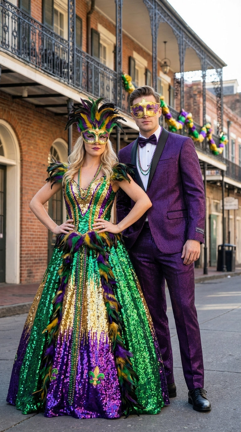 Mens Purple Shimmer Mardi Gras Suit with Black Satin Lapel Shiny Metallic Formal Party and Carnival Suit Sequin Look