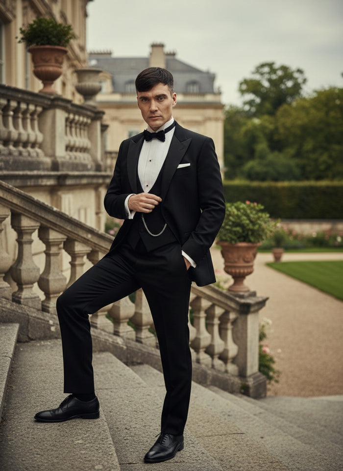 Mens Black Peaky Blinders Style Three-Piece Tuxedo Suit Classic Formal Suit with Blazer and Waistcoat Peak Lapel 1920s Style