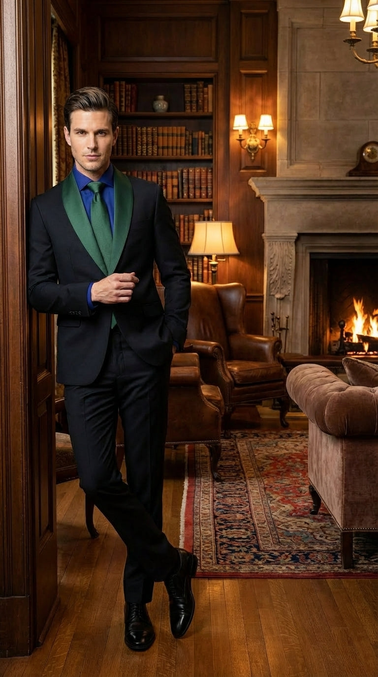 Men’s Black Suit with Hunter Green Shawl Lapel – Black and Hunter Green Formal Tuxedo Suit for Wedding, Prom With Bow Tie - 34 Short or Extra Small