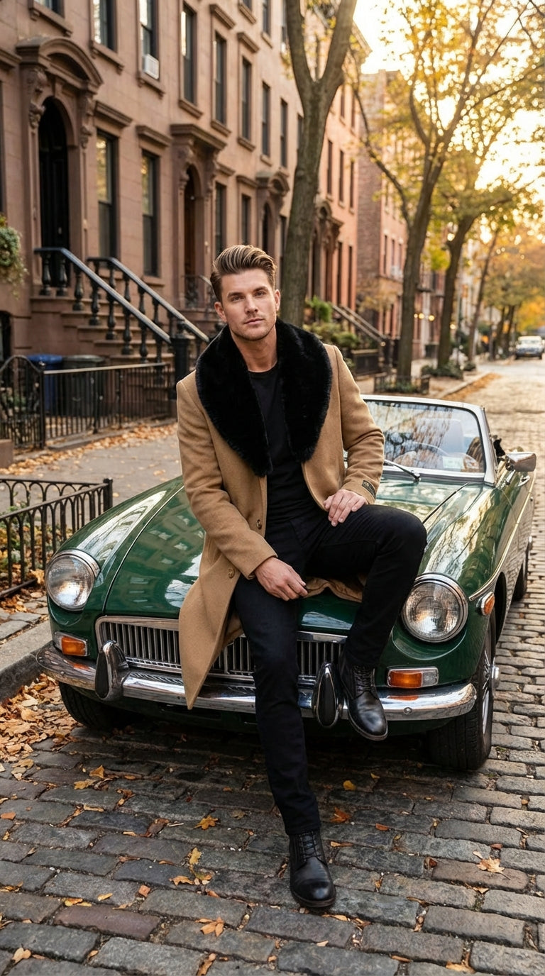 Mens Camel Tan Long Overcoat with Black Faux Fur Collar - Wool Topcoat Three if not Full length - Three Quarter