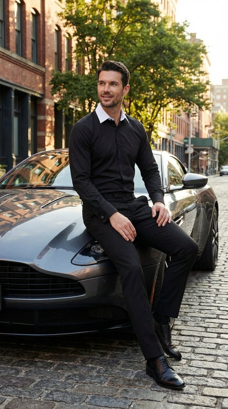 Men’s Black Dress Shirt with White Contrast Collar | French Cuff Cotton Poplin Formal Button-Up Shirt - 15.5" Neck / 35" Sleeve