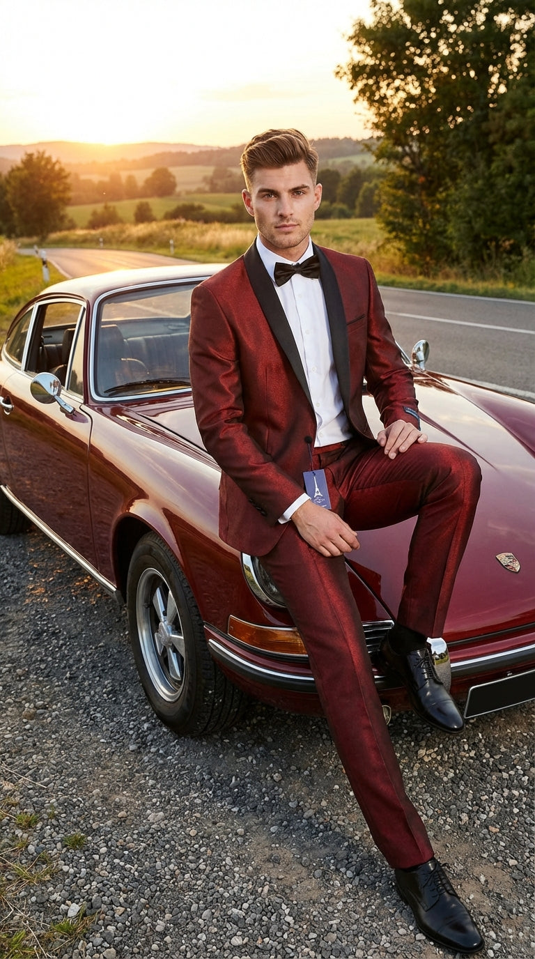 Mens Shiny Burgundy Satin Tuxedo Jacket with Black Shawl Lapel | Formal Wedding & Prom Blazer - Sharkskin Fabric - 34 Short or Extra Small
