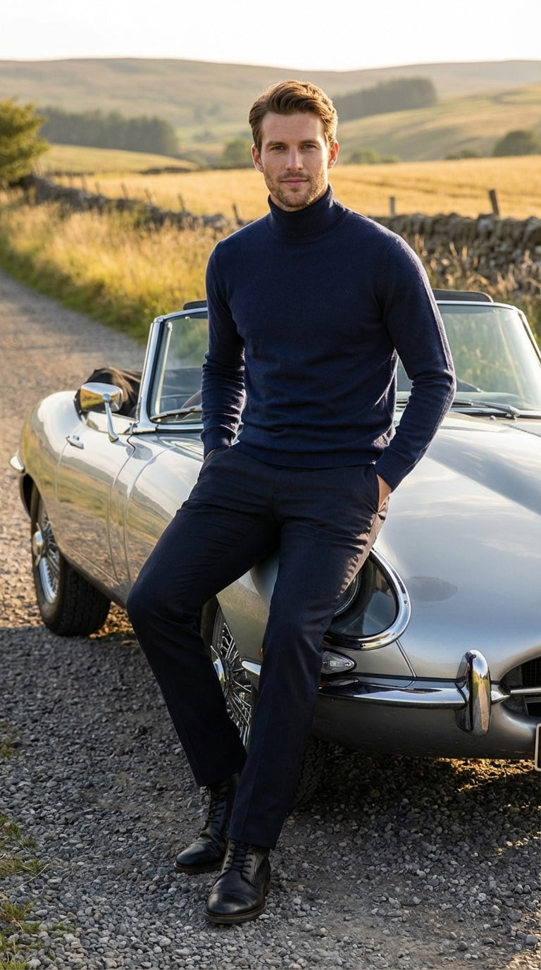 Mens Navy Blue Turtleneck Sweater Pullover | Cotton Blend Long Sleeve Knit Top for Casual & Smart Wear