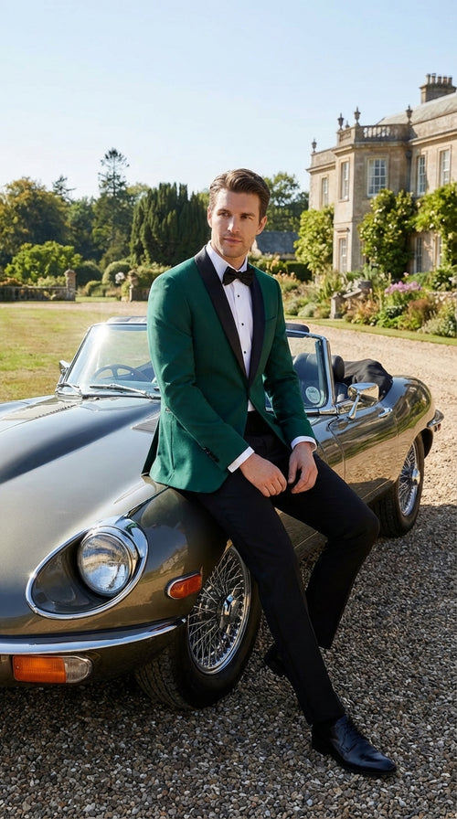 Mens Emerald Green Tuxedo Jacket with Black Satin Shawl Lapel | Prom Dinner Blazer