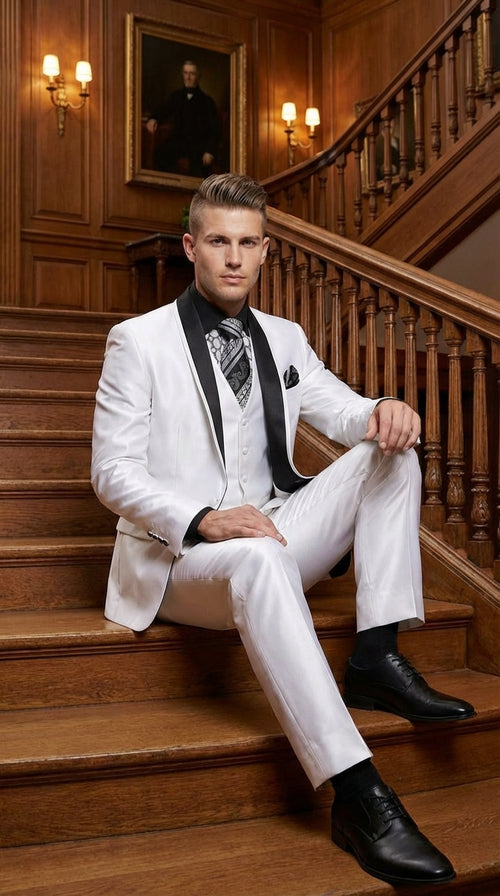 Mens White Shiny Flashy Fabric Tuxedo Suit with Black Shawl Lapel | Luxury Formal Wedding and Evening Suit Sharkskin Metallic Fabric