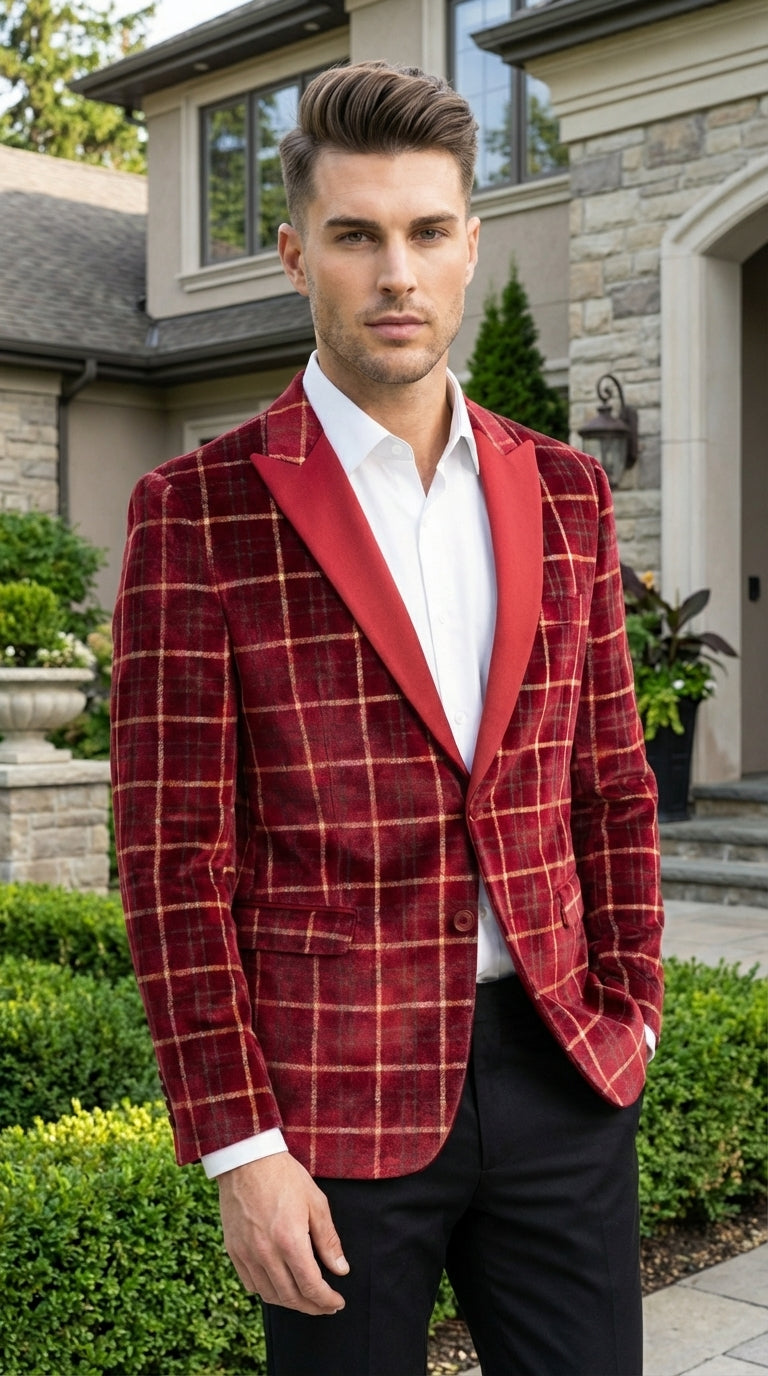 Mens Red Burgundy Plaid Blazer with Contrast Lapel – Velvet Fabric Check Prom Blazer Jacket for Party, Christmas New Year Holiday Jacket - 36 Short