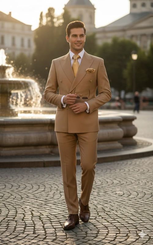 Mens Camel - Bronze - Goldish khaki Double-Breasted Suit Luxury 2-Piece Formal Set with Gold Buttons and Peak Lapels by Rossi Man