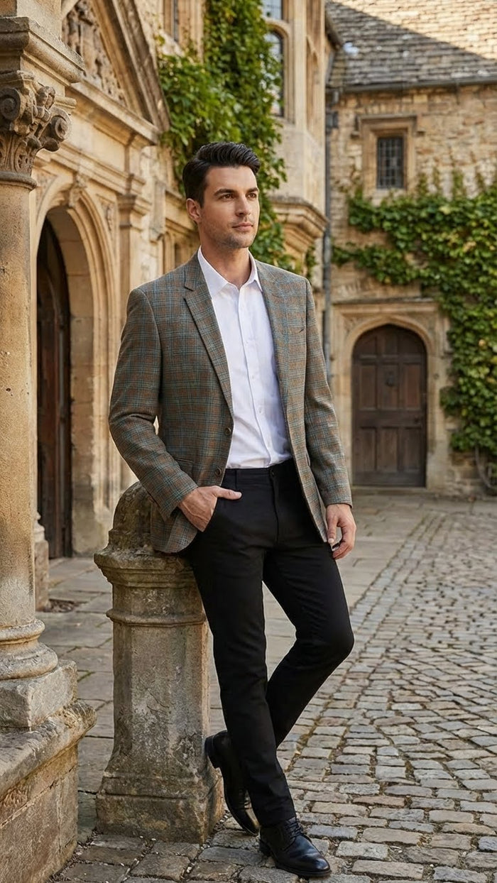 Mens Green Brown and Teal Plaid Sport Coat Tailored Fit Check Blazer Jacket - Tartan Sportcoat