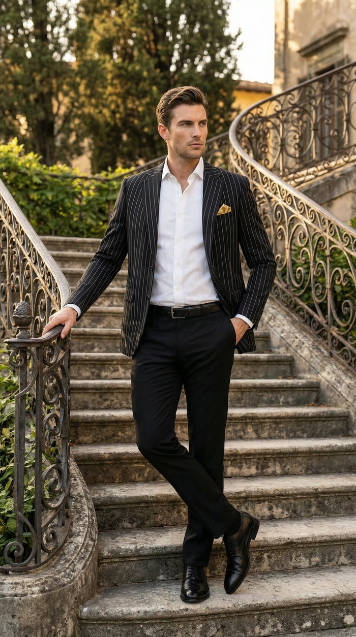 Mens Black Pinstripe Blazer Classic Tailored Formal Jacket for Business, Office and Evening Wear