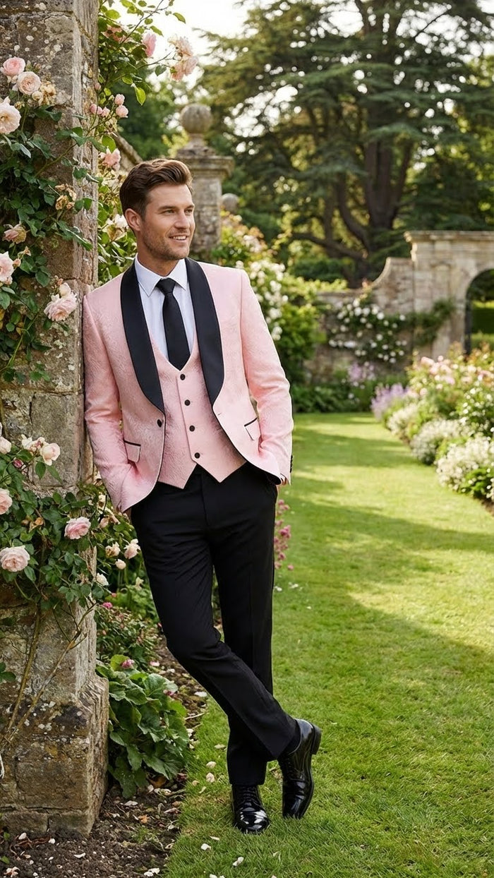 Mens Blush Pink Tuxedo Suit Set with Black Shawl Lapel 3 Piece Formal Wedding and Party Prom Vest + Black Pants