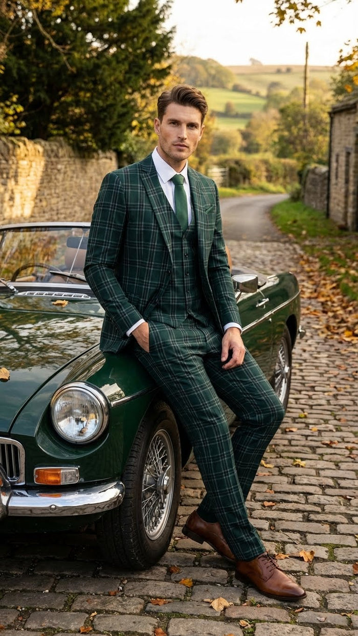Men's Dark Green Plaid 3 Piece Suit Checkered Suit Set for Wedding, Windowpane Tartan Fabric - Ultra Slim Fit