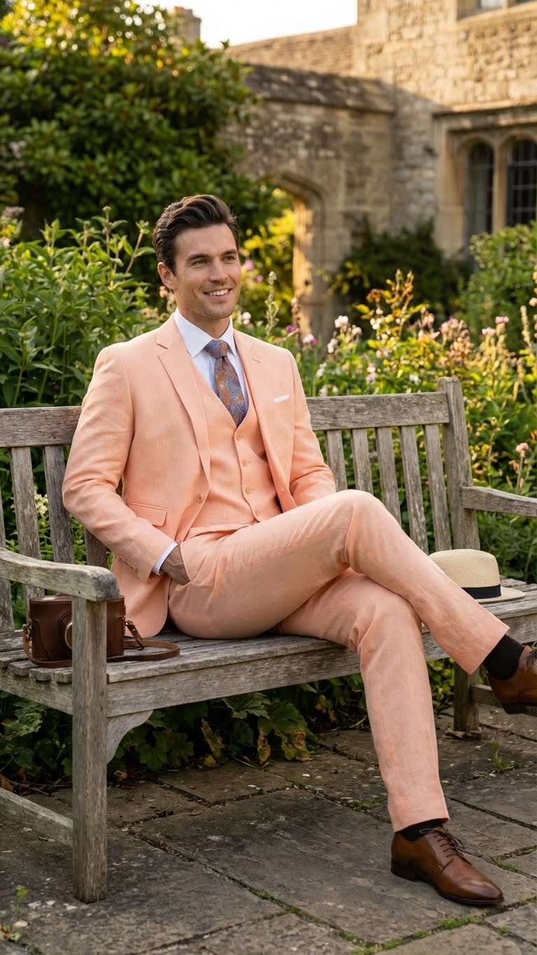 Men’s Light Peach 3 Piece Suit Set with Vest, Prom Wedding Dress Suit - 38 Short Jacket+32 Waist Adjustable 28to34)(Height: 5 4 to5 7 )(Neck  15-16.5)S-M)
