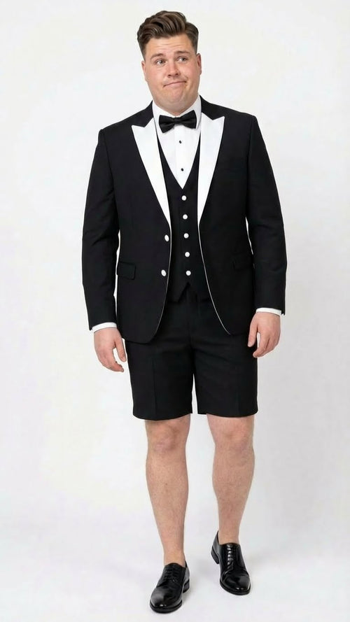 Mens Black and White Tuxedo Shorts Suit Modern Formal Tuxedo with Short Pants for Wedding, Party and Special Events