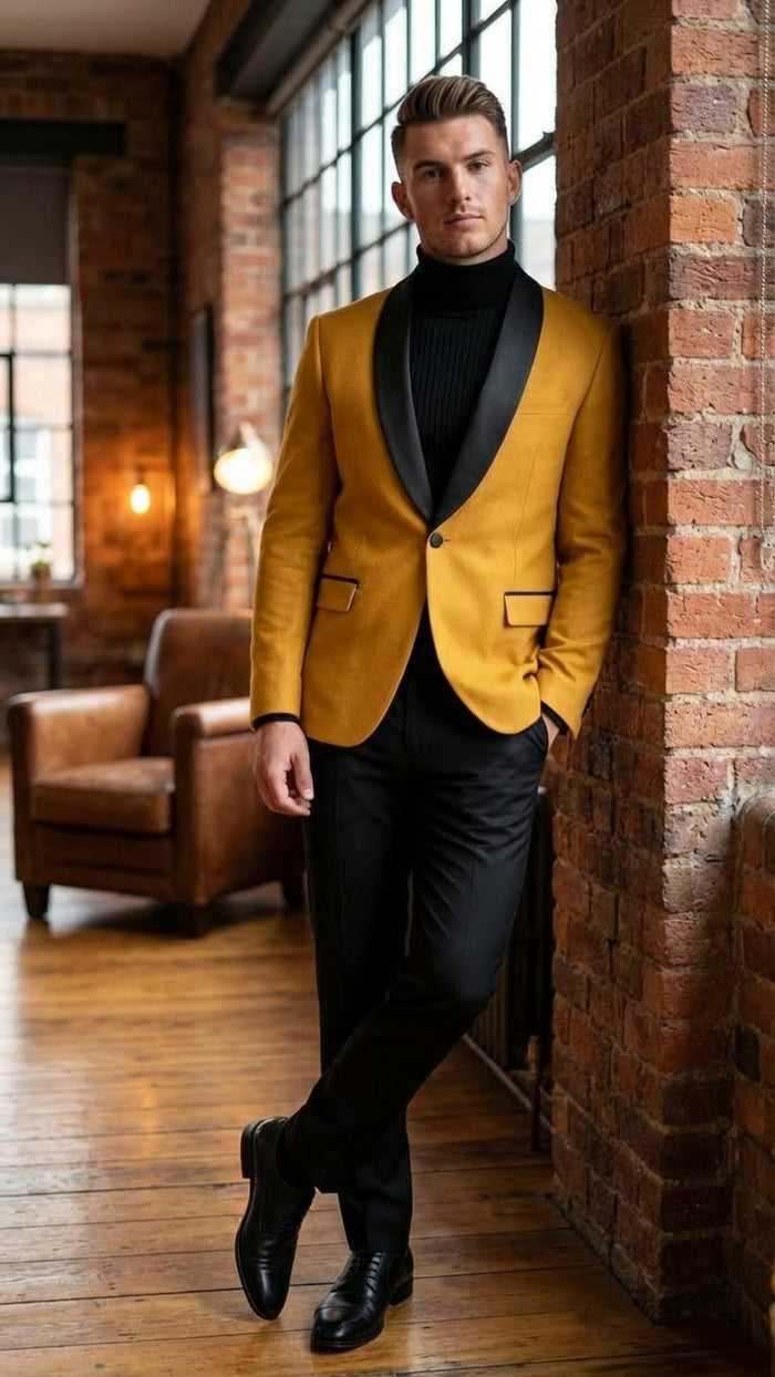 Men's Gold Shawl Lapel Blazer Tuxedo Dinner Jacket Luxury Formal Blazer Jacket for Wedding, Party and Evening Events