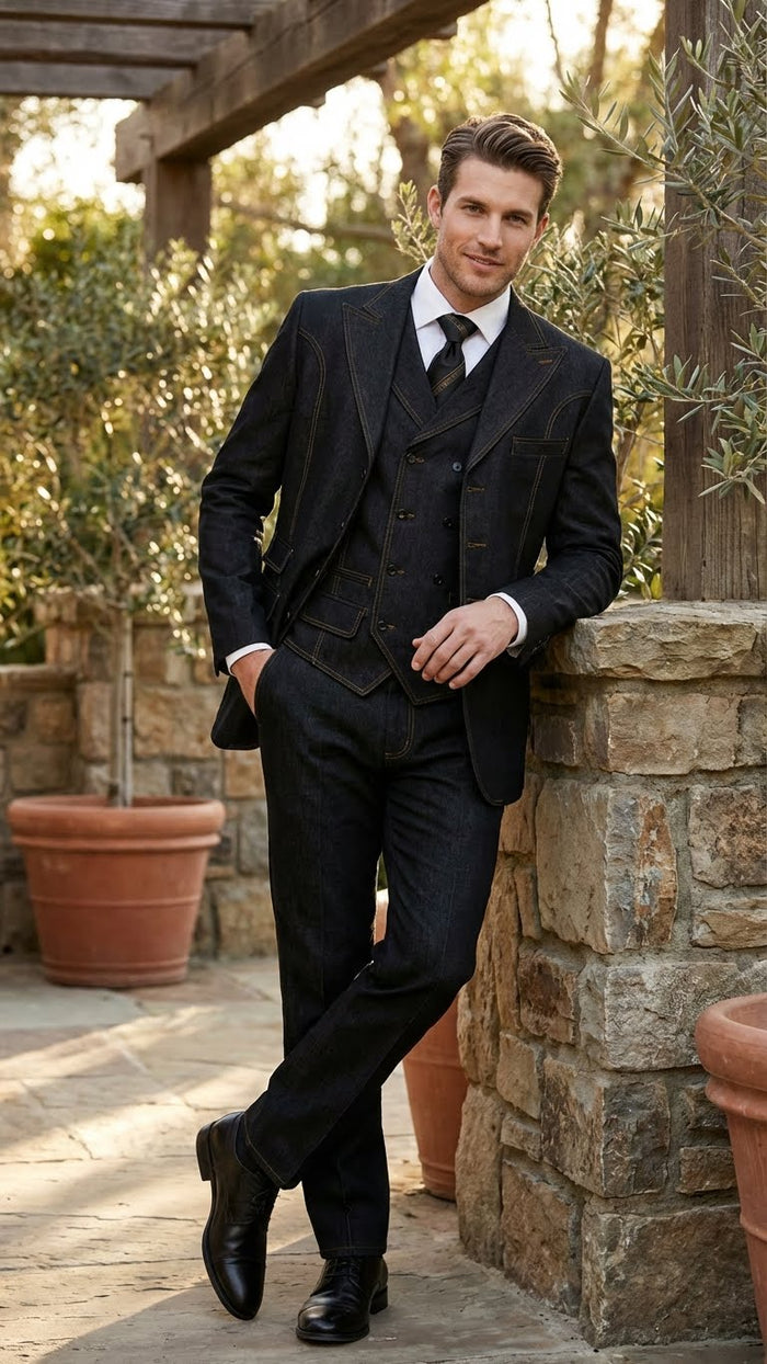 Men's Black Denim Fabric Suit Classic Three Piece Denim Suit for Wedding, Prom and Church Wear
