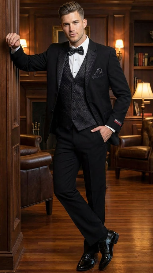 Men's Black Vested Tuxedo Suit with Patterned Lapel Classic Formal Suit for Wedding, Party and Evening Events