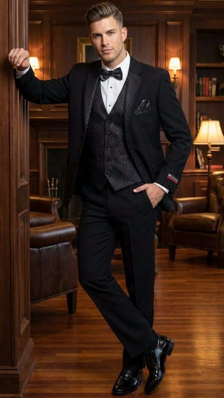 Men's Black Vested Tuxedo Suit with Patterned Lapel Classic Formal Suit for Wedding, Party and Evening Events