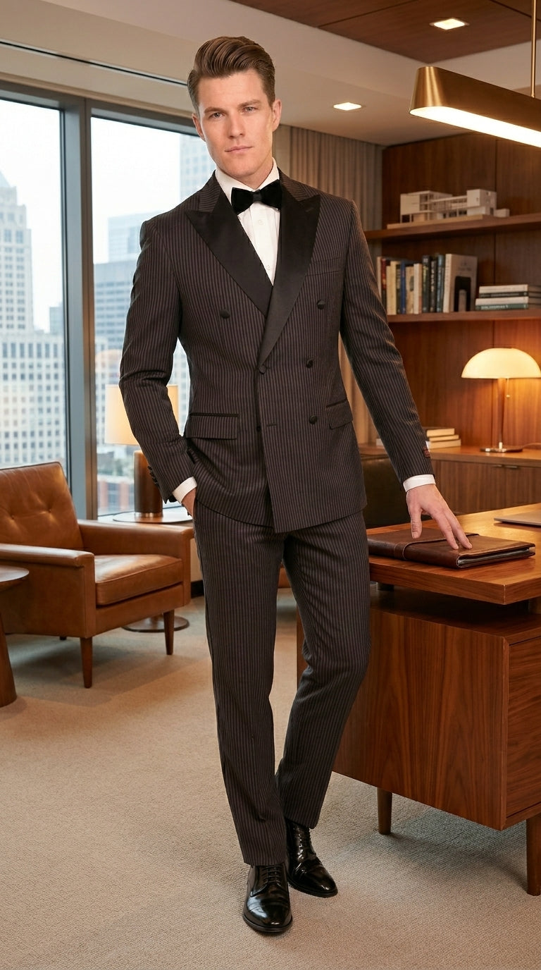 Men’s Double Breasted Suit – Classic Peak Lapel Formal Tuxedo Style Suit for Wedding in Black Ton on Tone Pinstripe - 34 Short or Extra Small