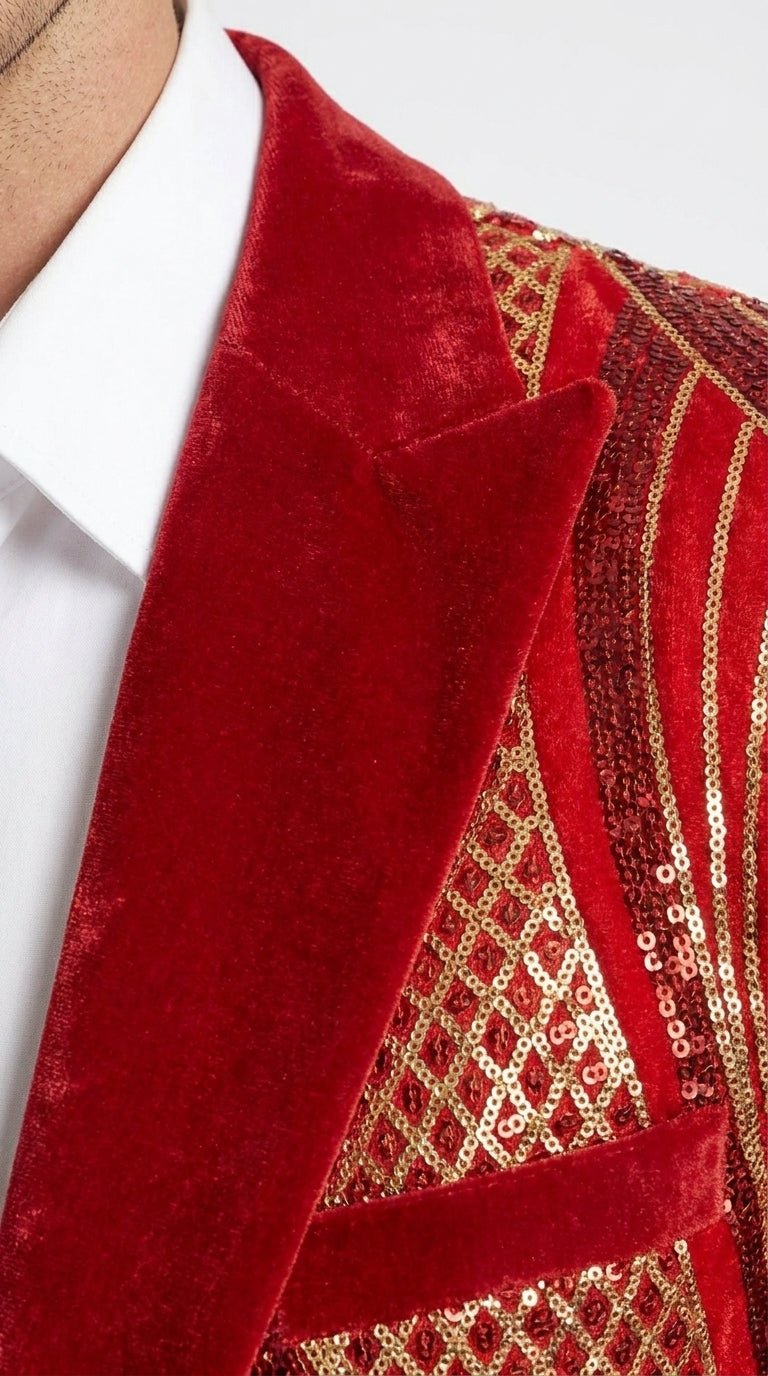 Men’s Red and Gold Sequin Christmas Holiday Blazer – Luxury Party Jacket for New Year, Wedding and Festive Events - 36 Short