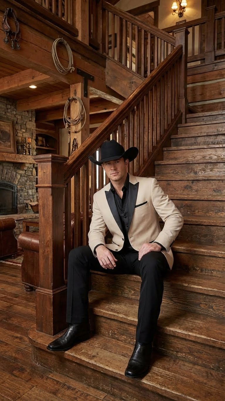 Men's Light Tan and Black Lapel Western Tuxedo Suit Set Wedding Party Cowboy Dress Tuxedo Black Pants - 34 Short or Extra Small