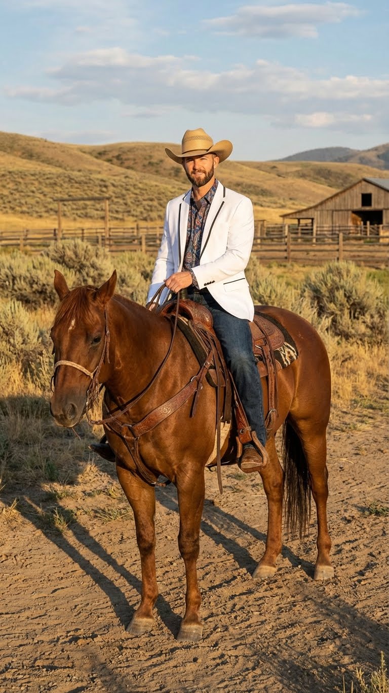 Menâ€™s White Western Blazer with Black Trim â€“ Classic Cowboy Style - 36 Short