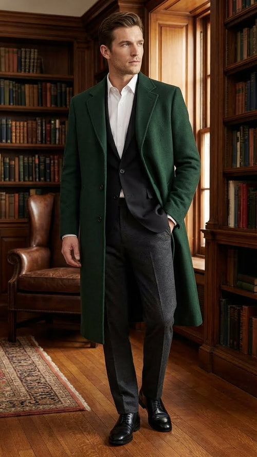Mens Hunter Green Full-Length Wool Overcoat Classic Winter Dress Coat for Formal and Casual Wear Topcoat Mens Wintercoat