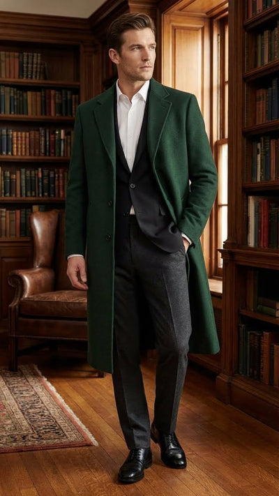 Mens Hunter Green Full-Length Wool Overcoat Classic Winter Dress Coat for Formal and Casual Wear Topcoat Mens Wintercoat