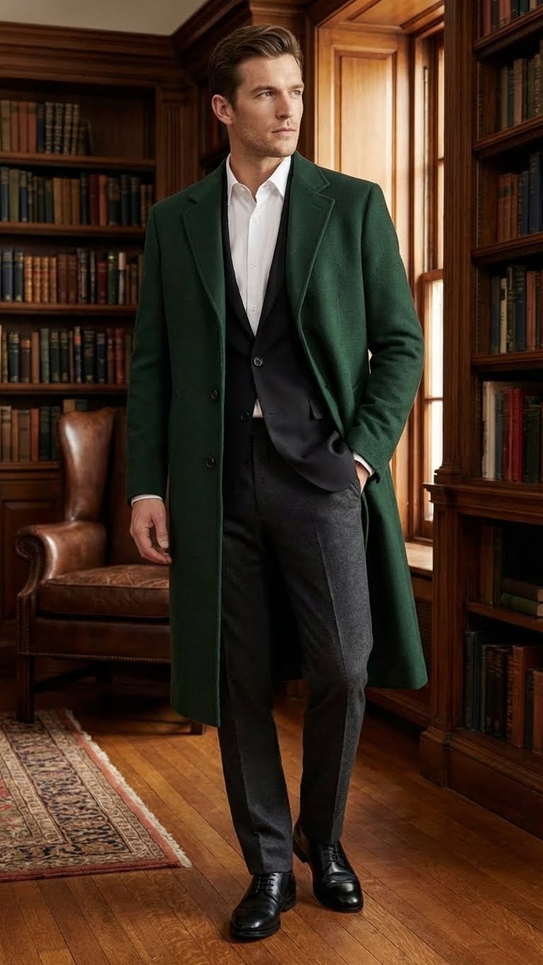 Men’s Hunter Green Full-Length Wool Overcoat – Classic Winter Dress Coat for Formal and Casual Wear Topcoat Mens Wintercoat - Coat Size 38