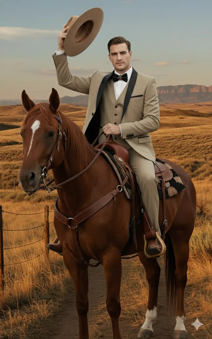 Mens Western Cowboy Suit 3-Piece Tan Tuxedo with Black Lapel, Vest, and Pants Beige  Color