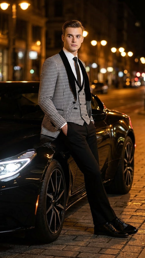 Mens Black and White Houndstooth Tuxedo Set with Velvet Shawl Lapel | 3-Piece Formal Suit with Double-Breasted Vest