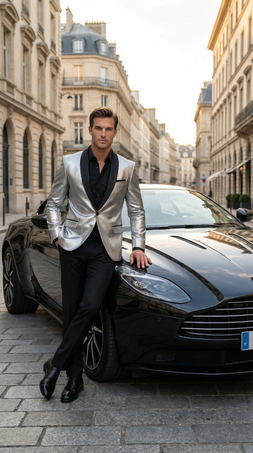 Mens Shiny Silver Blazer with Black Lapel Luxury Metallic Formal Jacket for Party, Evening and Special Events