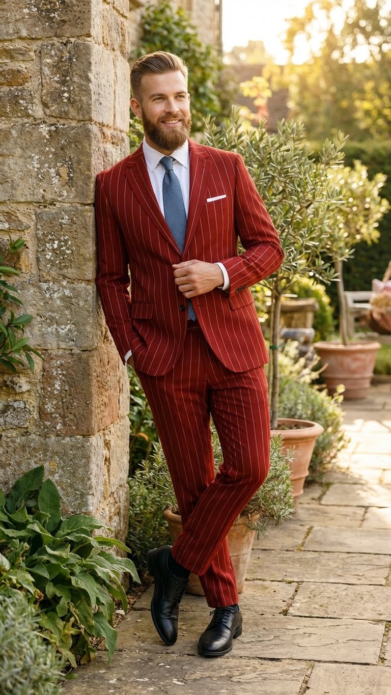 Menâ€™s Red Pinstripe Suit â€“ Stripe Two-Button Vested Suit 2 Buttons - 34 Short or Extra Small