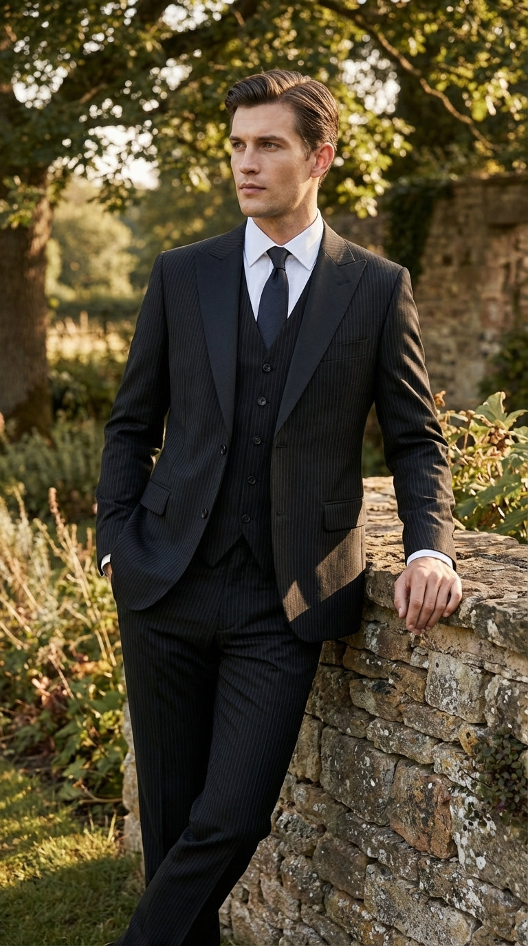 Vitali Mens Black Tone on Tone Shadow Stripe Vested Suit Set – 3 Piece Modern Fit Pinstripe Two Buttons - 34 Short or Extra Small