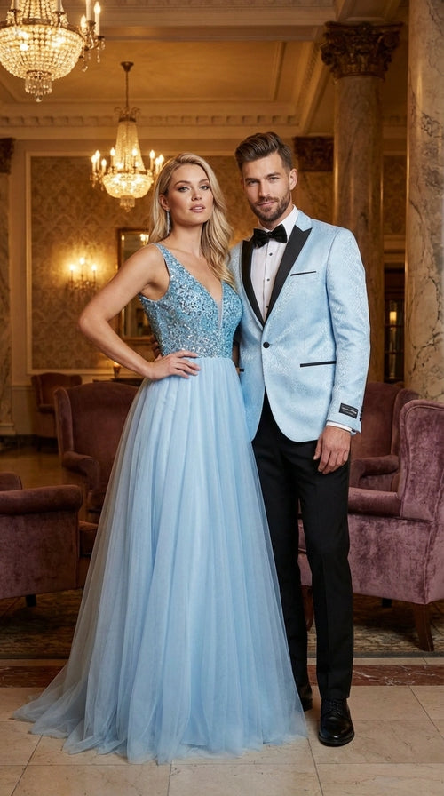Mens Baby Blue Tuxedo Blazer with Black Lapel Formal Dinner Jacket for Wedding, Prom and Evening Events  in Sky Light Blue Color