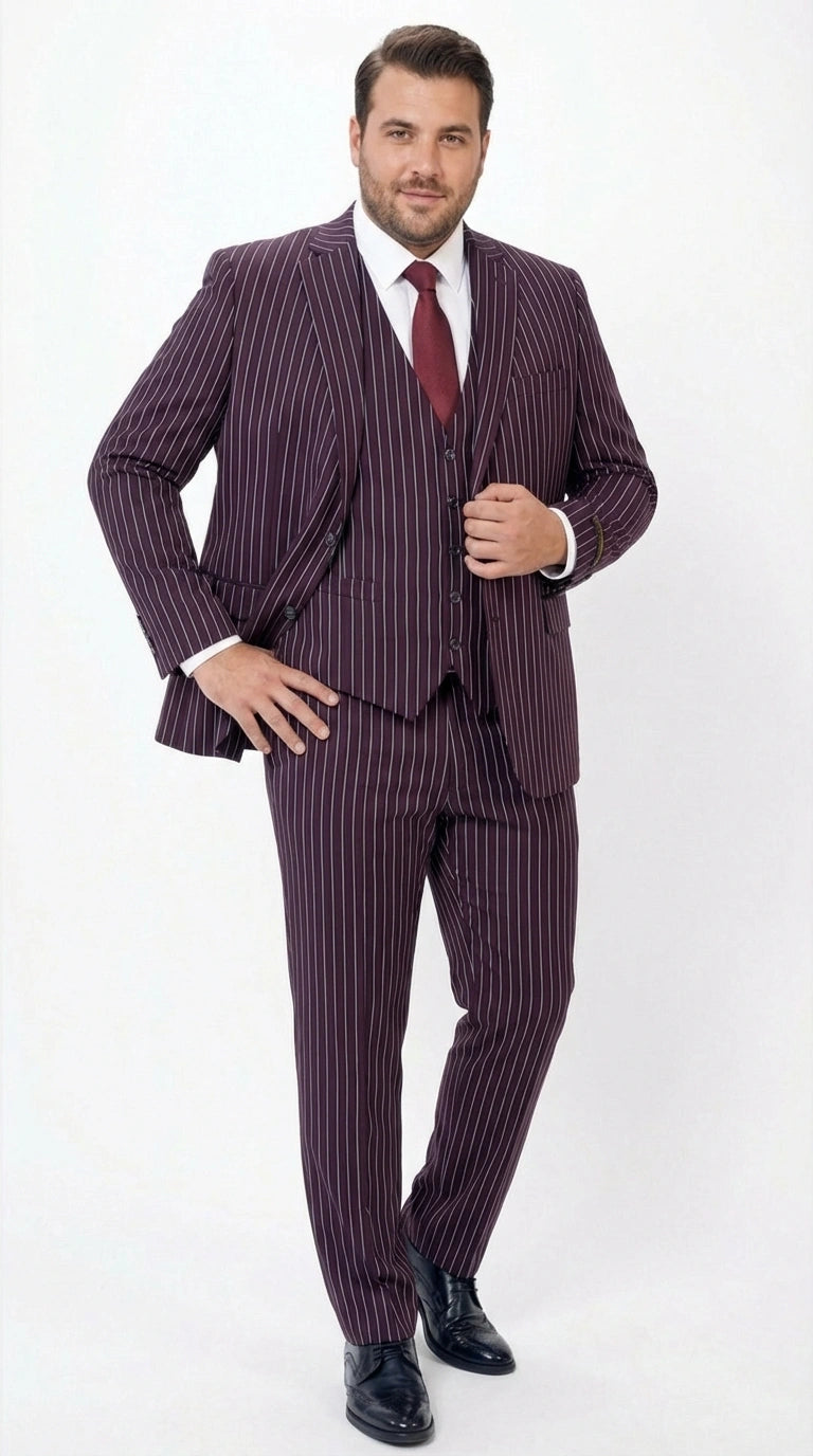 Men’s Plum Eggplant Pinstripe 3 Piece Suit – Burgundy Purple Formal Suit  Gangster 1920s Mafia Pimp Suit - 34 Short or Extra Small