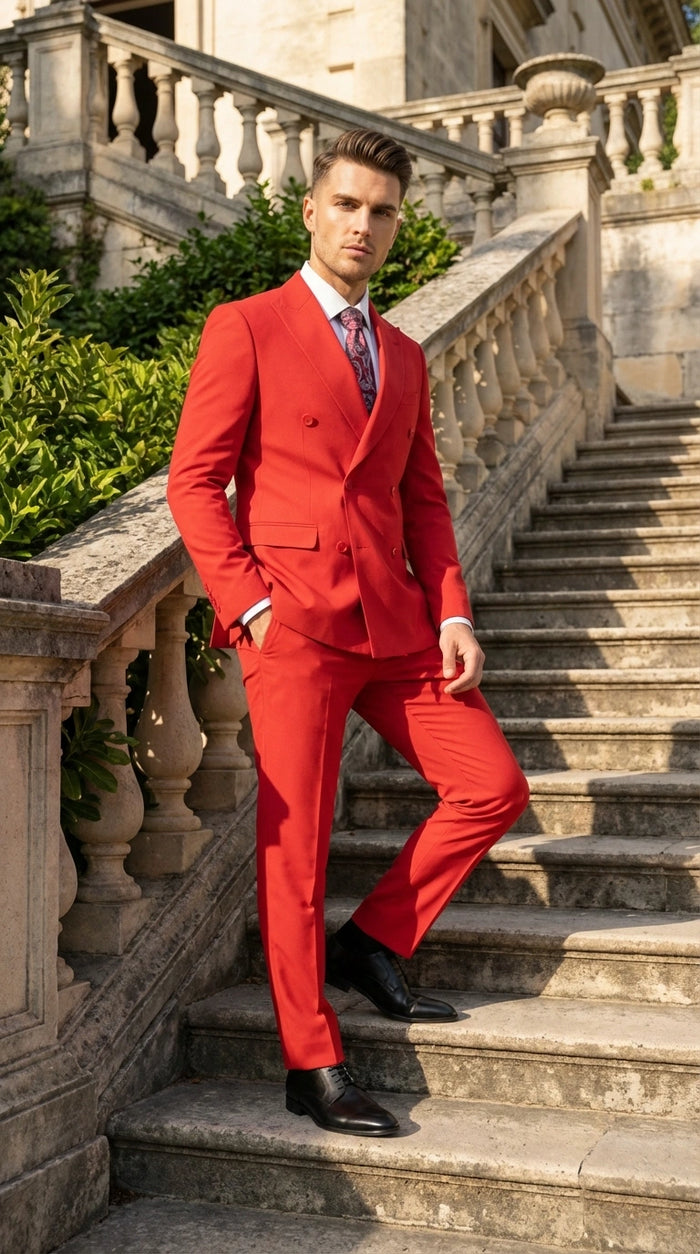 Vitali Red Double Breasted Suit Mens 2 Piece Formal Suit for Wedding, Prom and Special Events Modern Fit