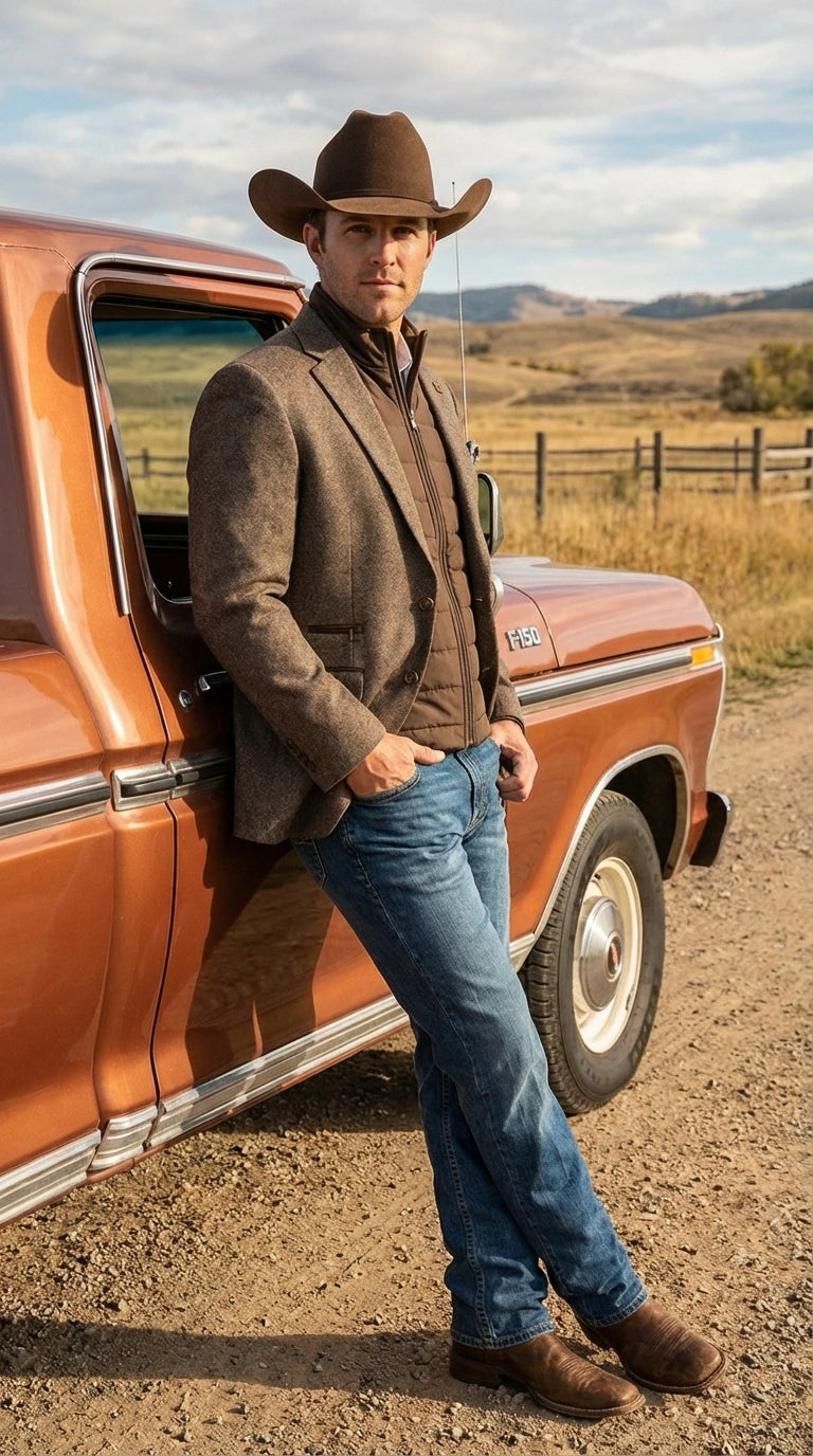 Mens Brown Herringbone Tweed Cowboy Western Blazer Classic Country Sport Coat Jacket for Ranch Wear,  Cowboy Jacket - 36 Short