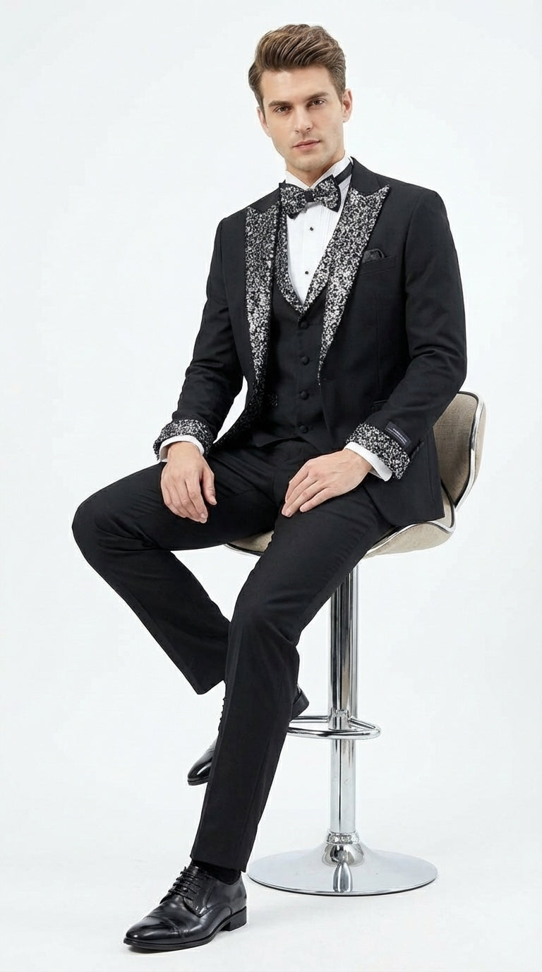 Mens Black and White Lapel Tuxedo Suit – Black Formal Tuxedo with White Pattern Lapel for Wedding, Prom and Evening Events - 34 Short or Extra Small