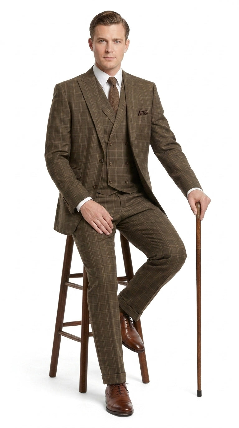 Men’s 1930s Brown Plaid 3 Piece Suit, Vintage Formal Wedding Business Dress Suit Set - 34 Short or Extra Small
