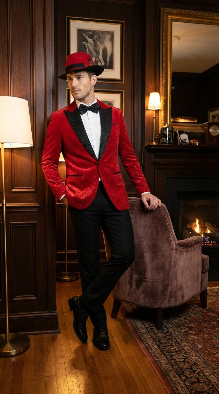 Men’s Red Velvet Fabric Rhinestone  Blazer with Matching Red and Black Hat – Christmas New Year Holiday Party Jacket Set - 36 Short
