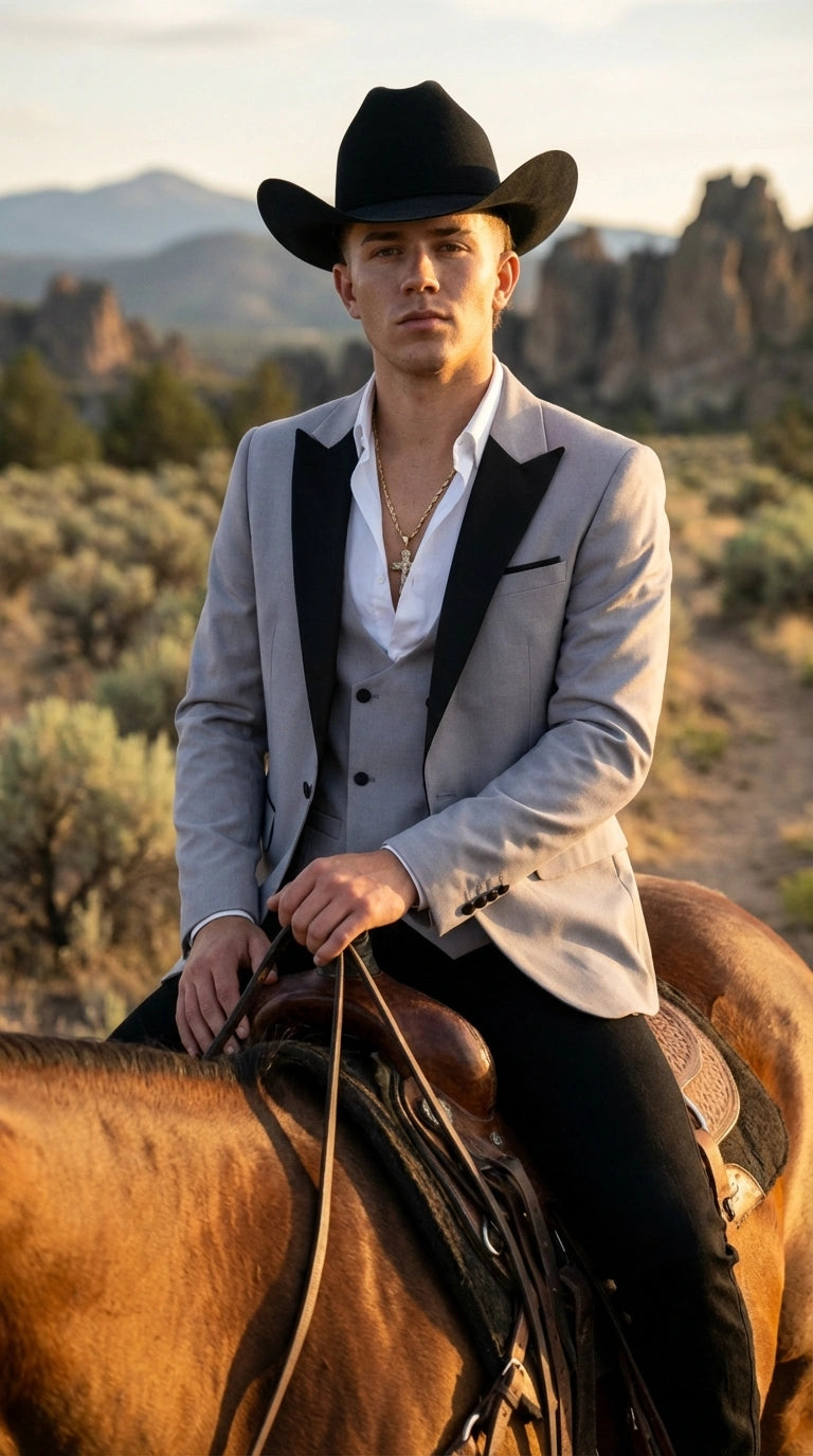 Men’s Light Gray Cowboy Tuxedo with Black Satin Lapel – Western Formal Suit with Double Breasted Vest - 34 Short or Extra Small