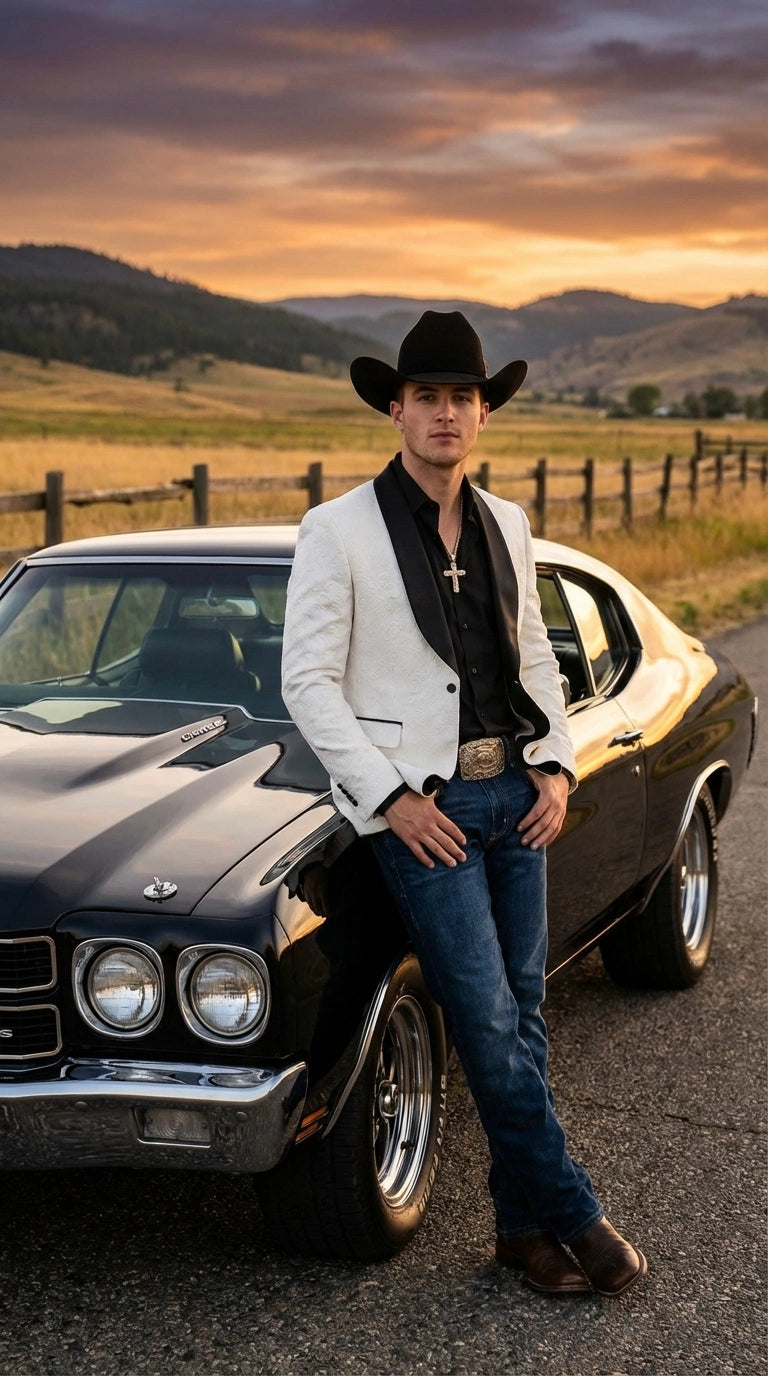 Men’s White Cowboy Blazer with Black Shawl Lapel – Western Formal Jacket for Wedding and Special Events - 36 Short