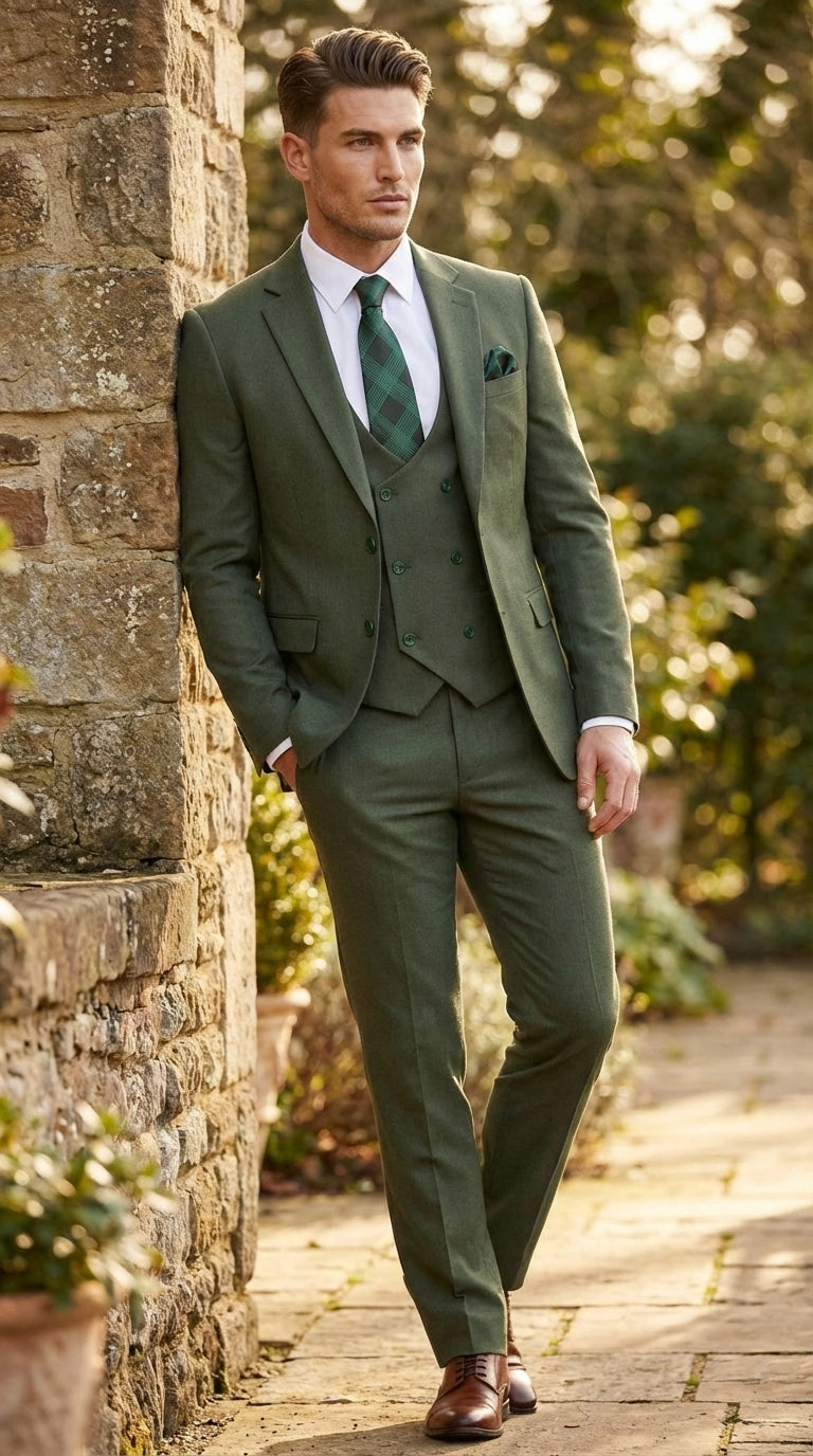 Men’s Forest Green Three Piece Suit – Double Breasted Vest Formal Wedding and Business Suit Set Olive Green Slim Fit - 34 Short or Extra Small