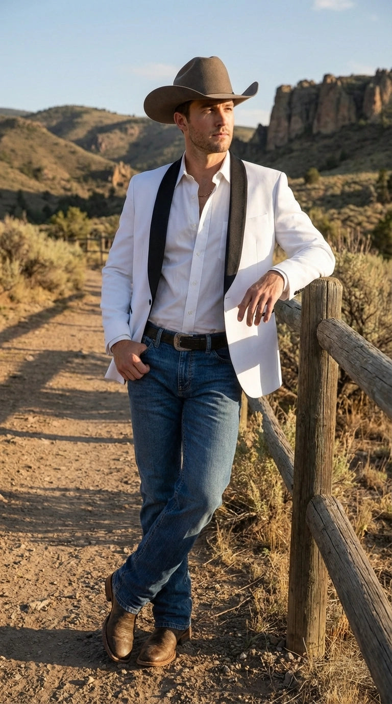 Men’s White Cowboy Blazer with Black Satin Lapel – Western Formal Tuxedo Style Jacket - 36 Short